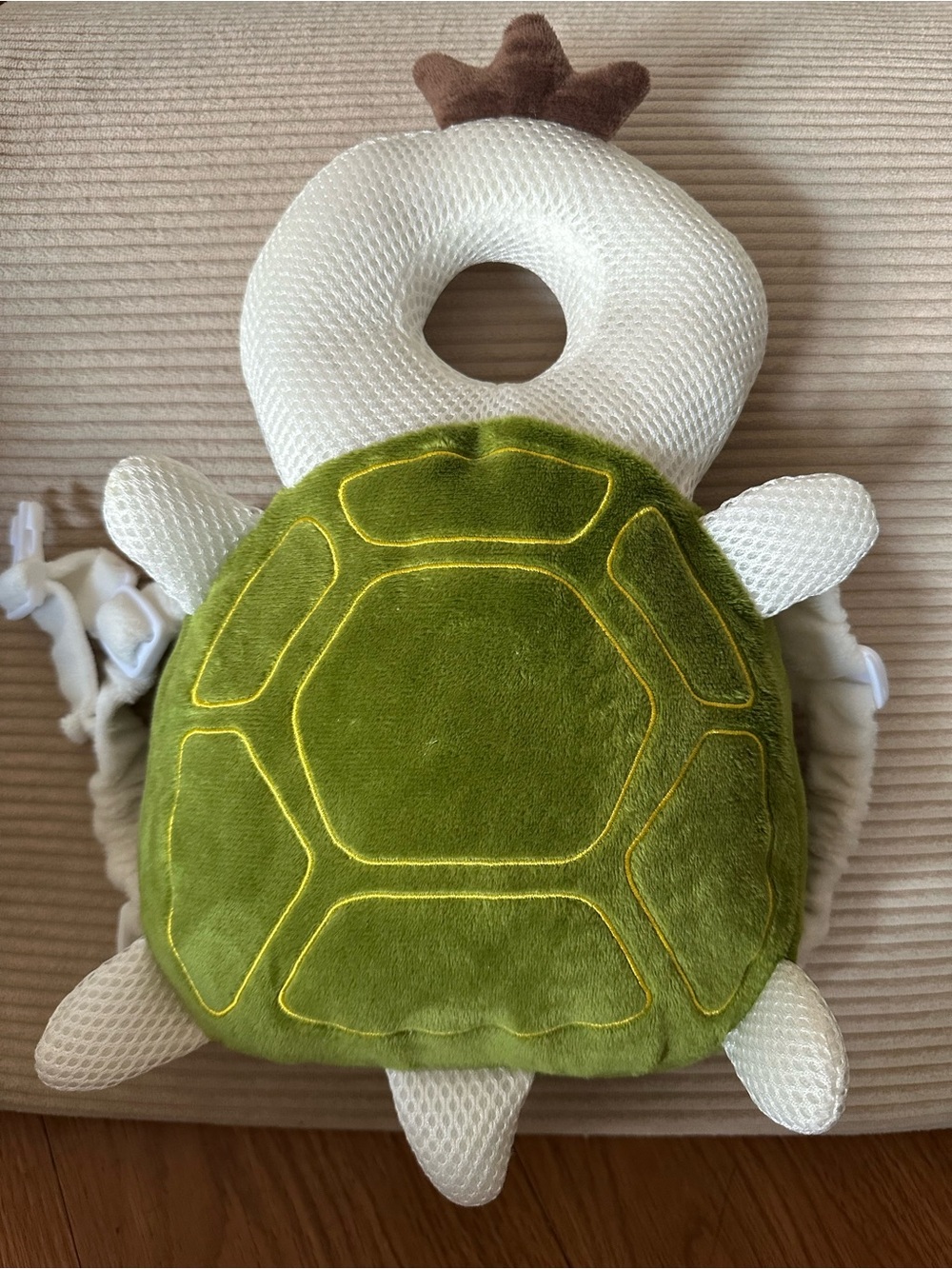 Plush Turtle Head and Back Support Backpack- Green & White